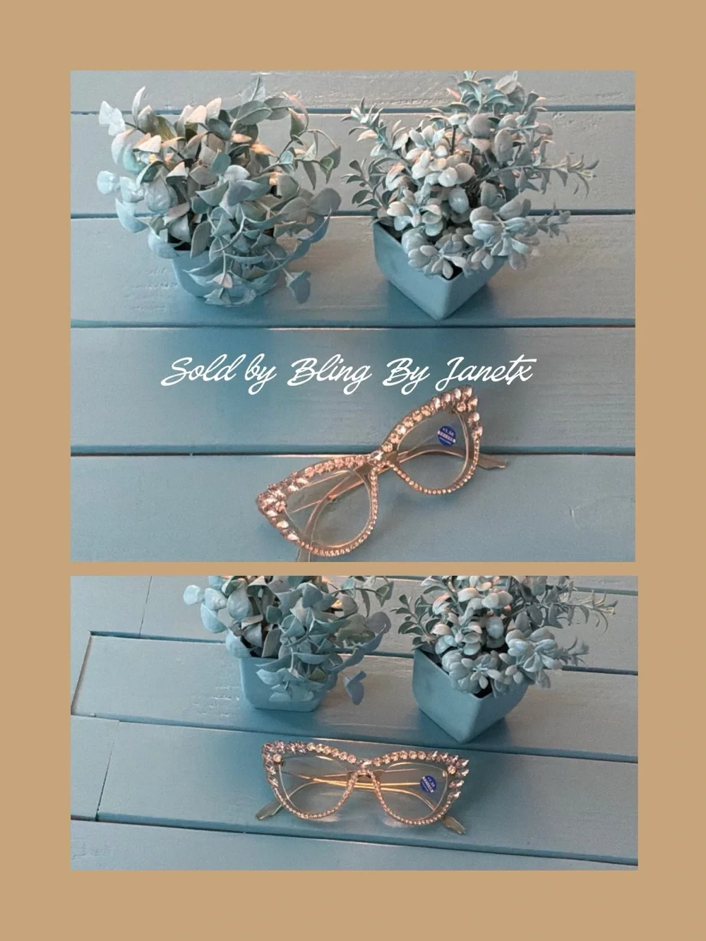 Crystal-Embellished Cat Eye Reading Glasses - Champagne / Light Brown ??